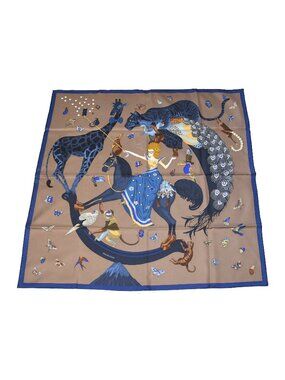 Hermes Silk "Hermes Story" Square Scarf 90 Marron Glace Blue